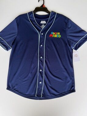 Nintendo Super Mario Navy Baseball Jersey with Multicolor Logo Men’s Medium